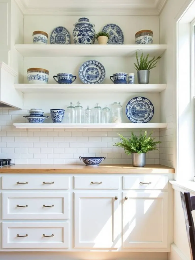 Coastal kitchen with white open shelving styled with coastal dishes and decor.