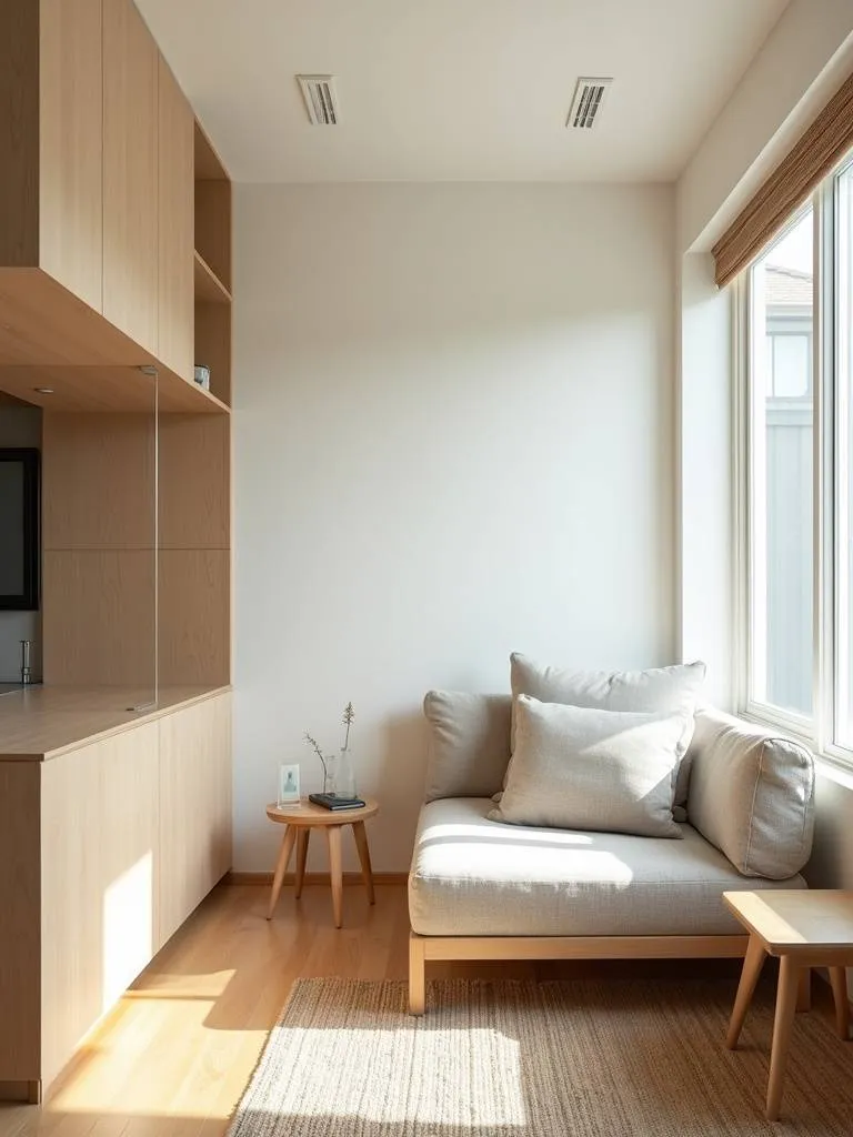 “Japandi minimalist living room with light wood furniture, a neutral color palette, and linen textures, creating a serene and uncluttered space.”