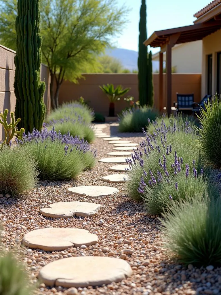 Drought-tolerant patio garden featuring succulents, lavender, and rosemary, creating a low-water and easy-care outdoor space.