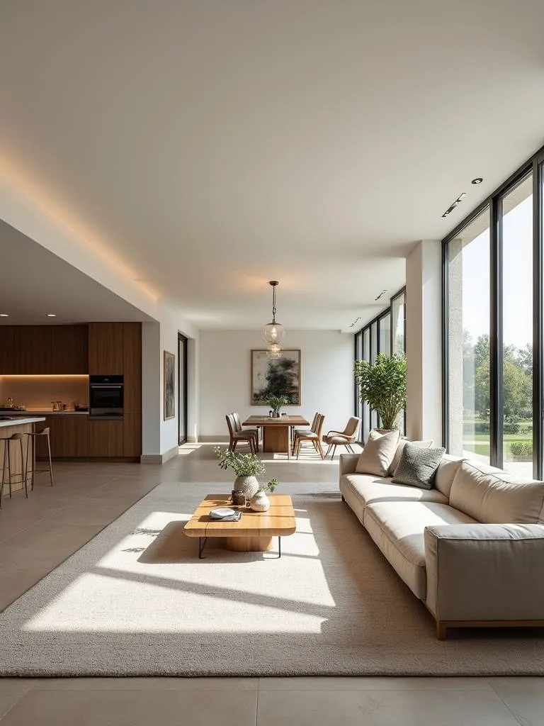 “Open-plan living room layout with a large rug defining the living area, showcasing functional zoning and flow within a modern home.”
