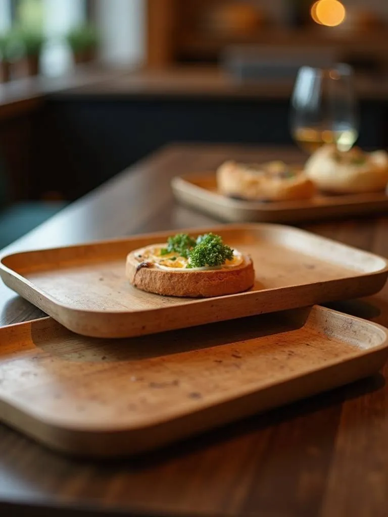 A set of unique serving trays decorates a dining space while keeping things organized.