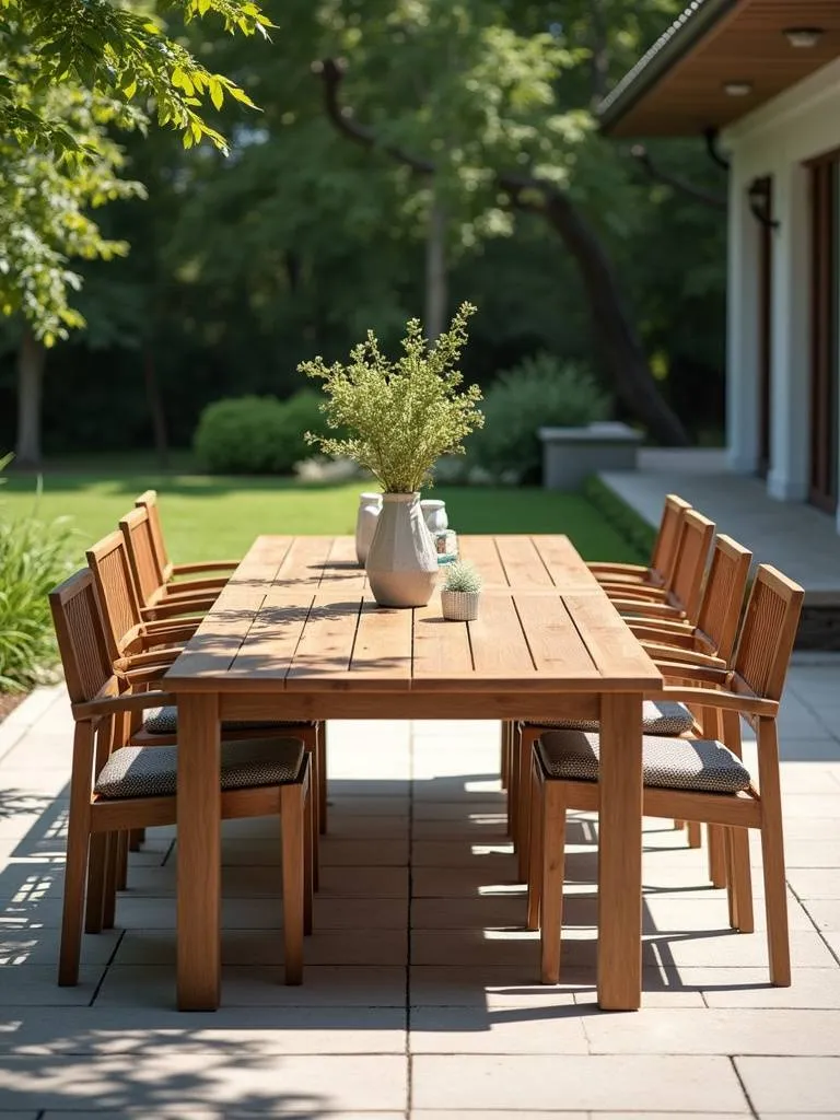 An outdoor dining patio with a table, patio chairs, and lighting.