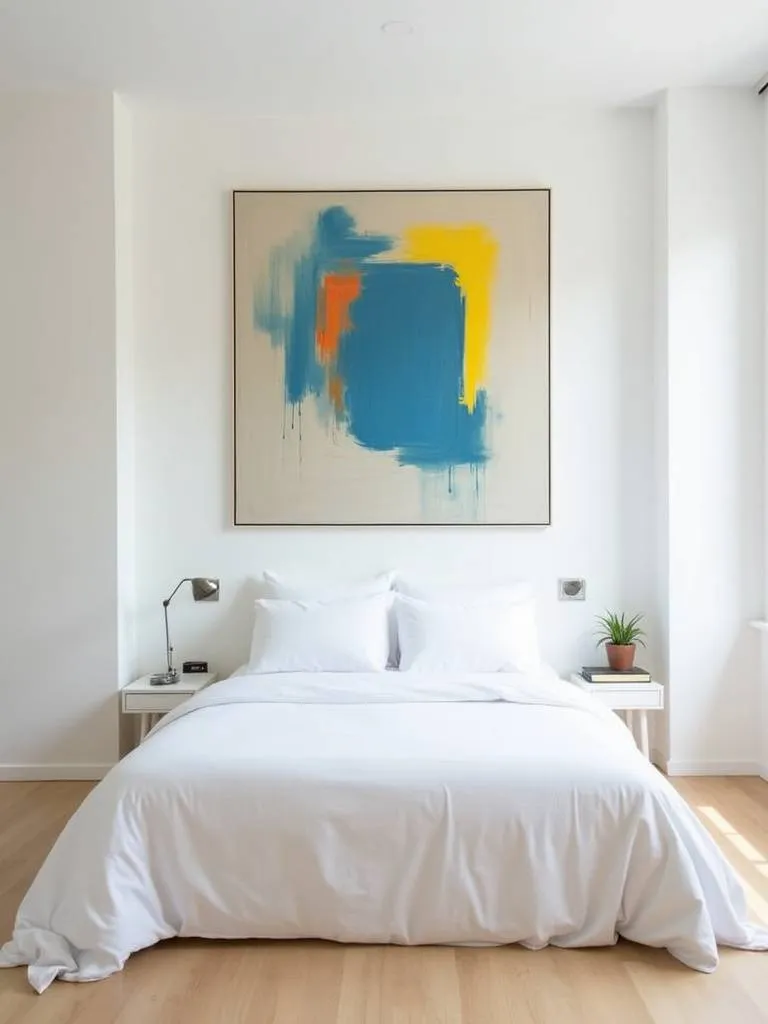Modern bedroom with a large, colorful abstract painting hanging above the bed as a statement art piece.