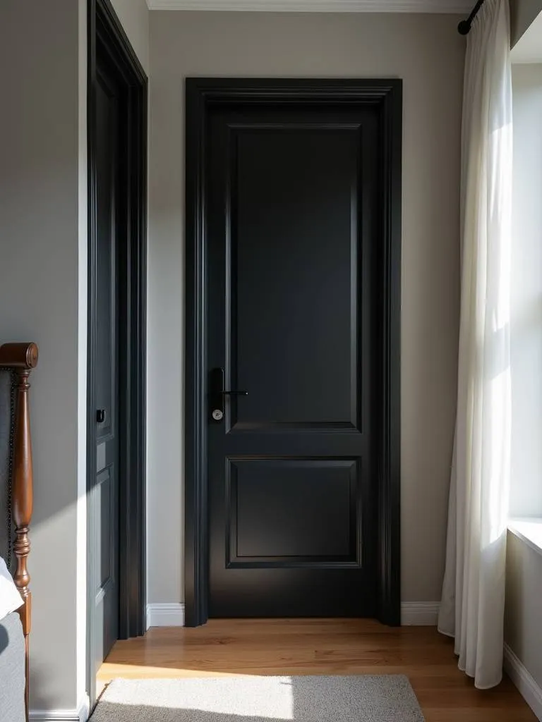 Bold architectural detail featuring a black interior door in a bedroom with light grey walls, illuminated by natural daylight.