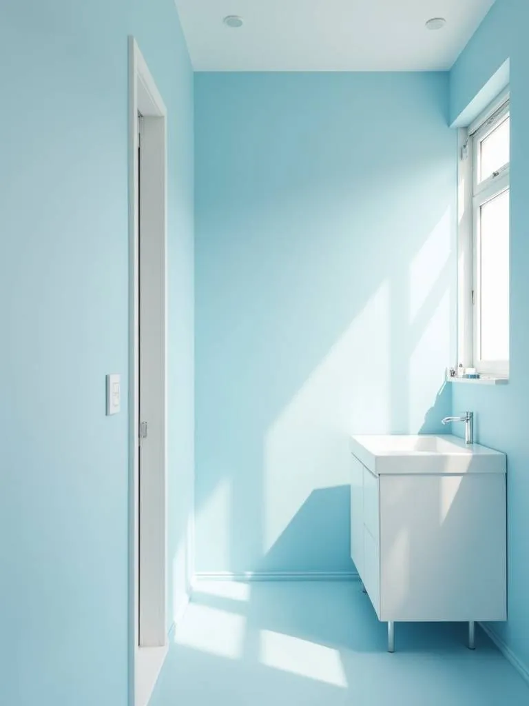 Bright and airy small bathroom with light blue painted walls and white vanity
