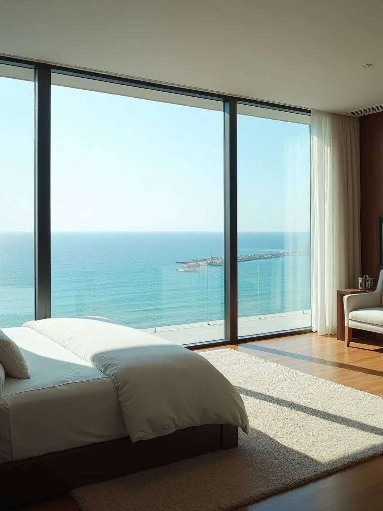 Breathtaking luxury bedroom with floor-to-ceiling windows offering stunning panoramic ocean views.