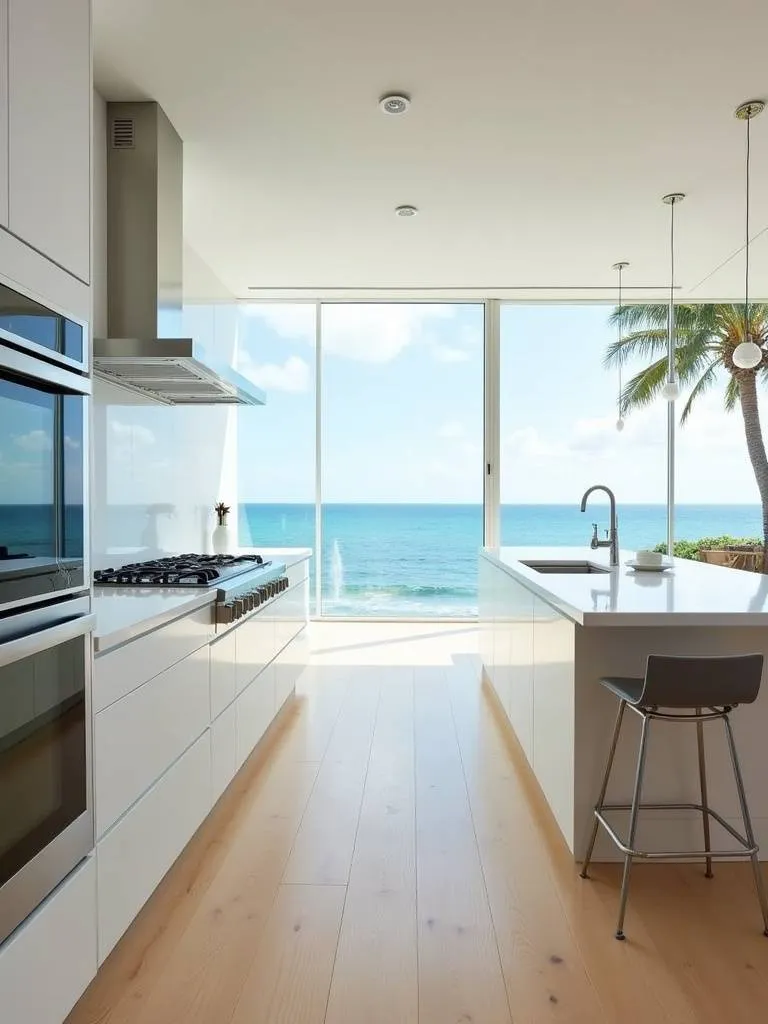 Bright coastal kitchen with panoramic windows offering breathtaking ocean views.
