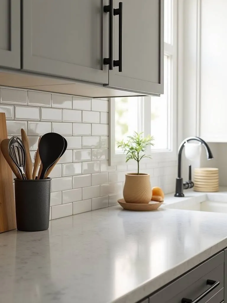 Apartment kitchen backsplash updated with renter-friendly peel-and-stick subway tiles