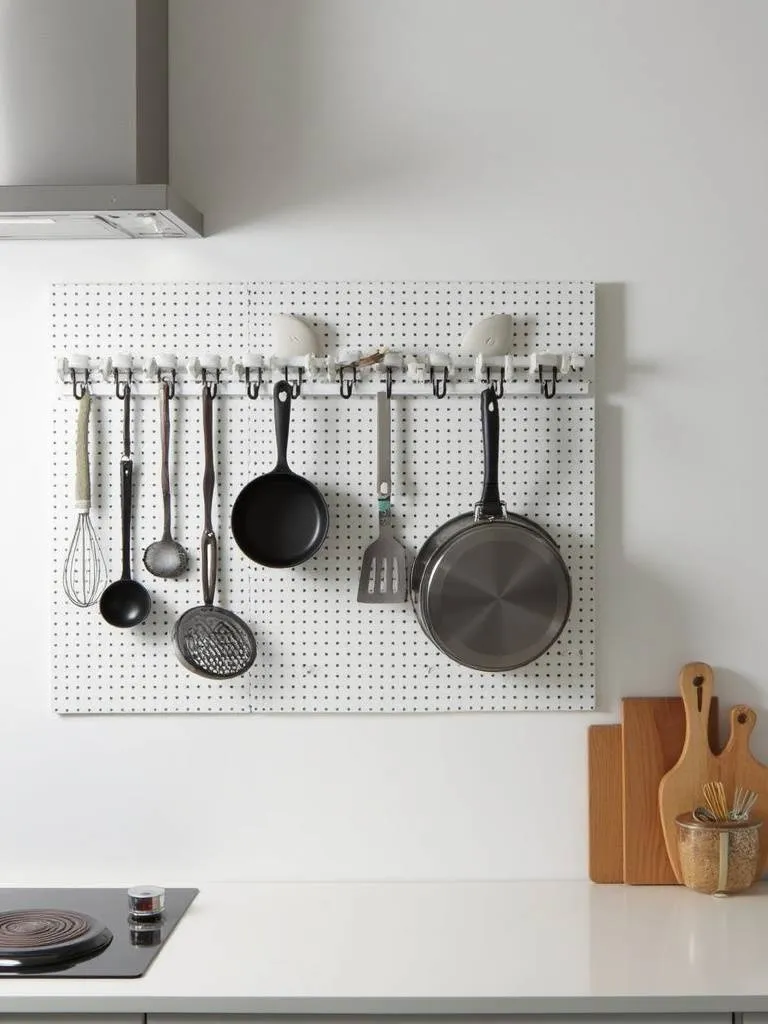 Pegboard organizer on a kitchen wall, providing customizable storage for cookware and utensils.
