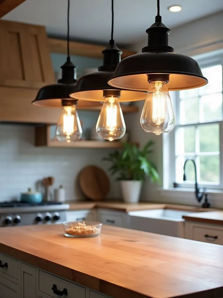 Modern farmhouse pendant lights with black metal frames and glass shades, perfectly positioned over a kitchen island for both style and function.