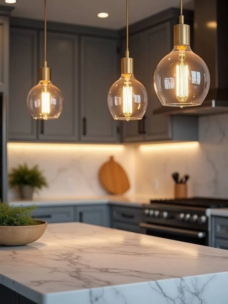 Modern kitchen with glass pendant lights above a marble-top island.