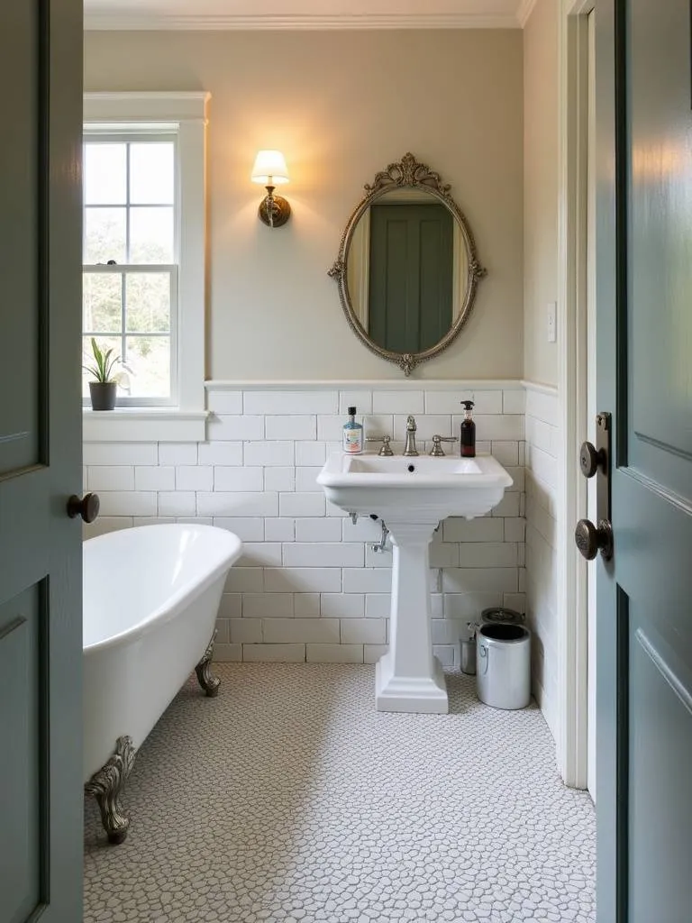 Vintage-style bathroom with a classic white penny tile floor and dark grey grout, evoking retro charm.