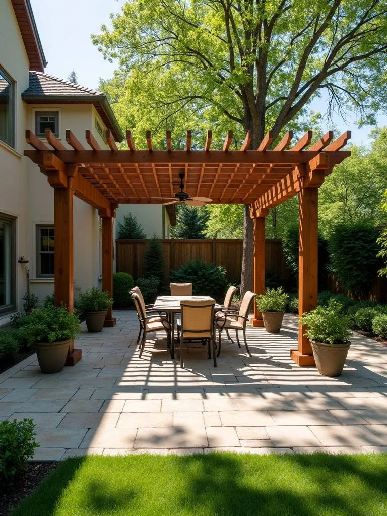 A patio with a wooden pergola creating a shaded outdoor space.