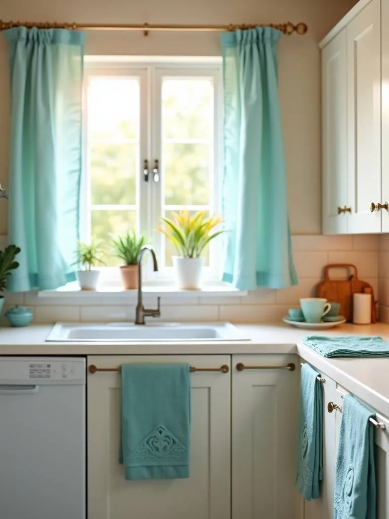A well-lit kitchen decorated with periwinkle textiles.