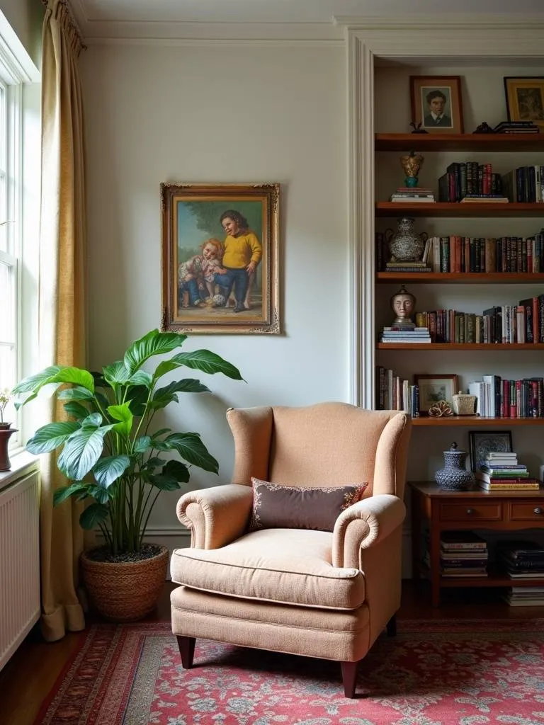 “Personalized living room with a vintage armchair, unique artwork, and personal collections displayed, creating a space filled with character and soul.”