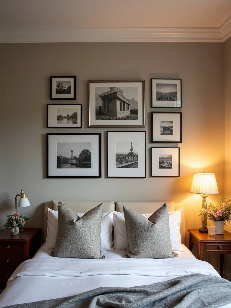 A cozy bedroom with a photo gallery wall above the bed, showcasing a mix of framed black and white and color photographs, illuminated by warm bedside lamp light