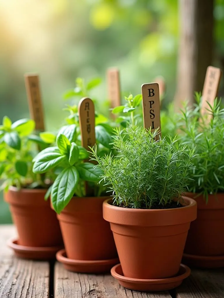 A fragrant herb garden in terracotta pots with basil, rosemary, mint, and thyme in soft morning sunlight.