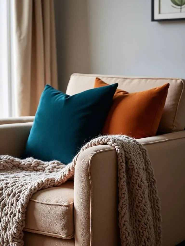 “Close-up of a bouclé armchair with velvet cushions and a chunky knit throw, showcasing tactile textures in a living room setting.”