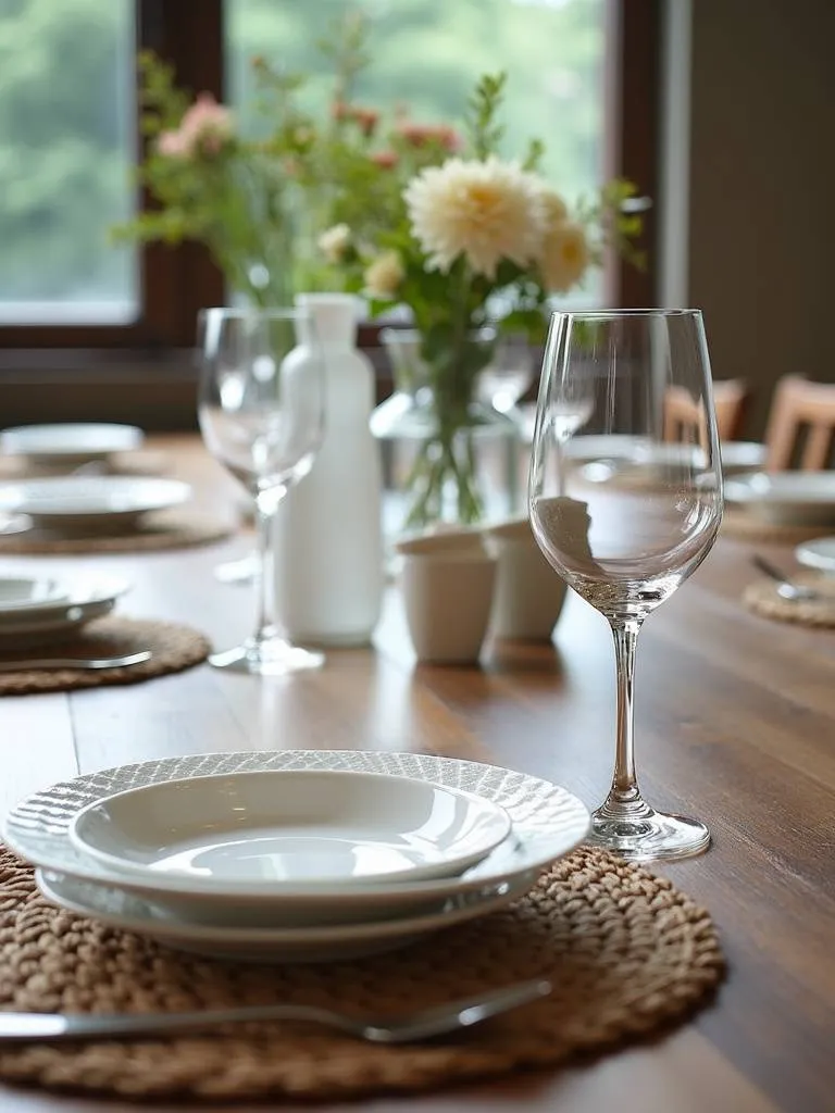 Textured placemats enhance a detailed dining room table.