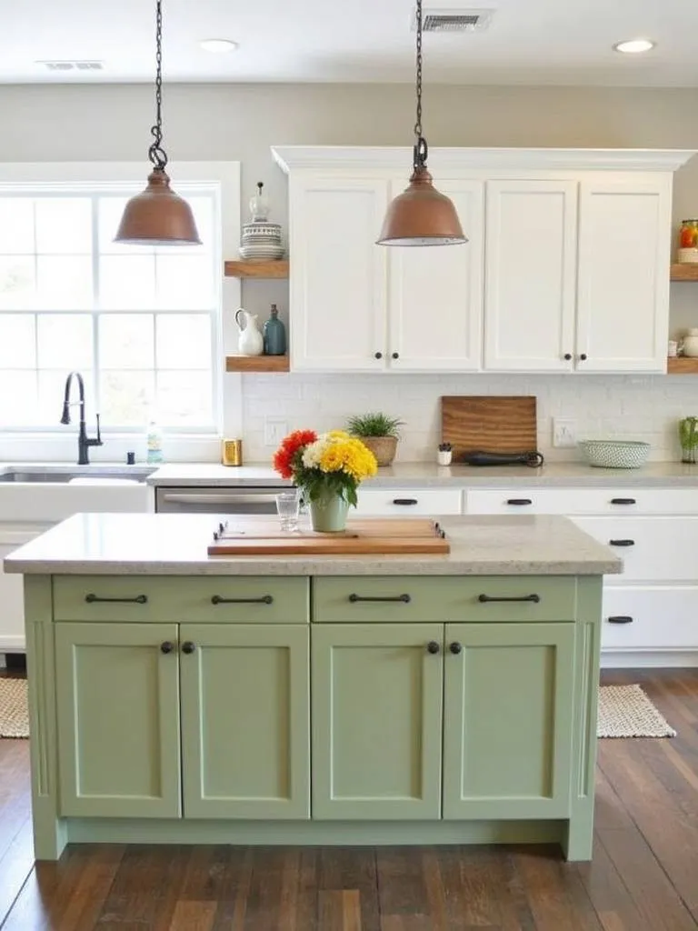 Bright farmhouse kitchen with a painted sage green island and carefully curated colorful accents, demonstrating balanced color integration.