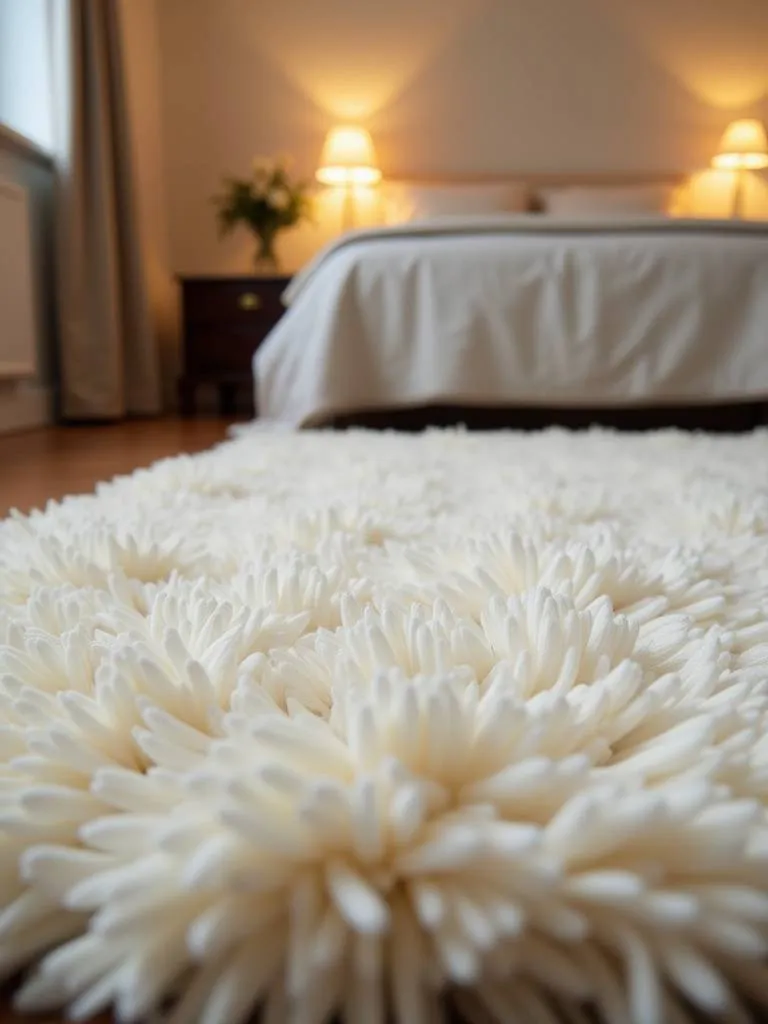 A cozy bedroom featuring a plush cream area rug that dominates the floor space, with a linen-covered bed visible in the background, lit by warm floor lamps