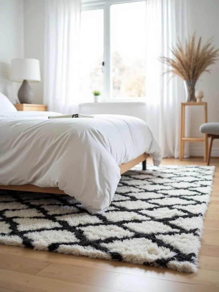 Modern bedroom featuring a plush black and white geometric patterned area rug under the bed.