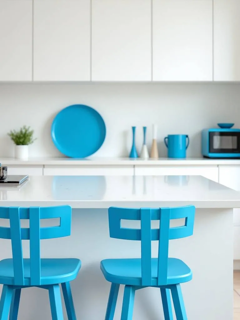 Contemporary white kitchen with vibrant blue accents in accessories and bar stools
