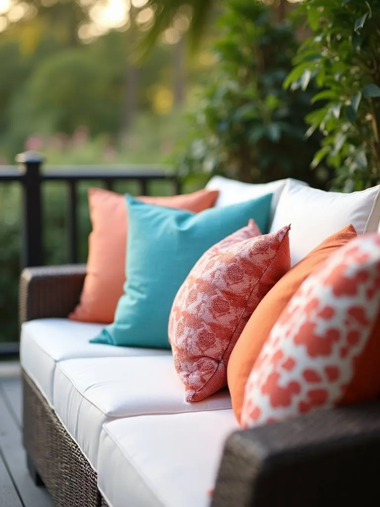 Close-up of vibrant and patterned throw pillows arranged on a wicker sofa on a deck, adding pops of color and texture to the outdoor seating area.