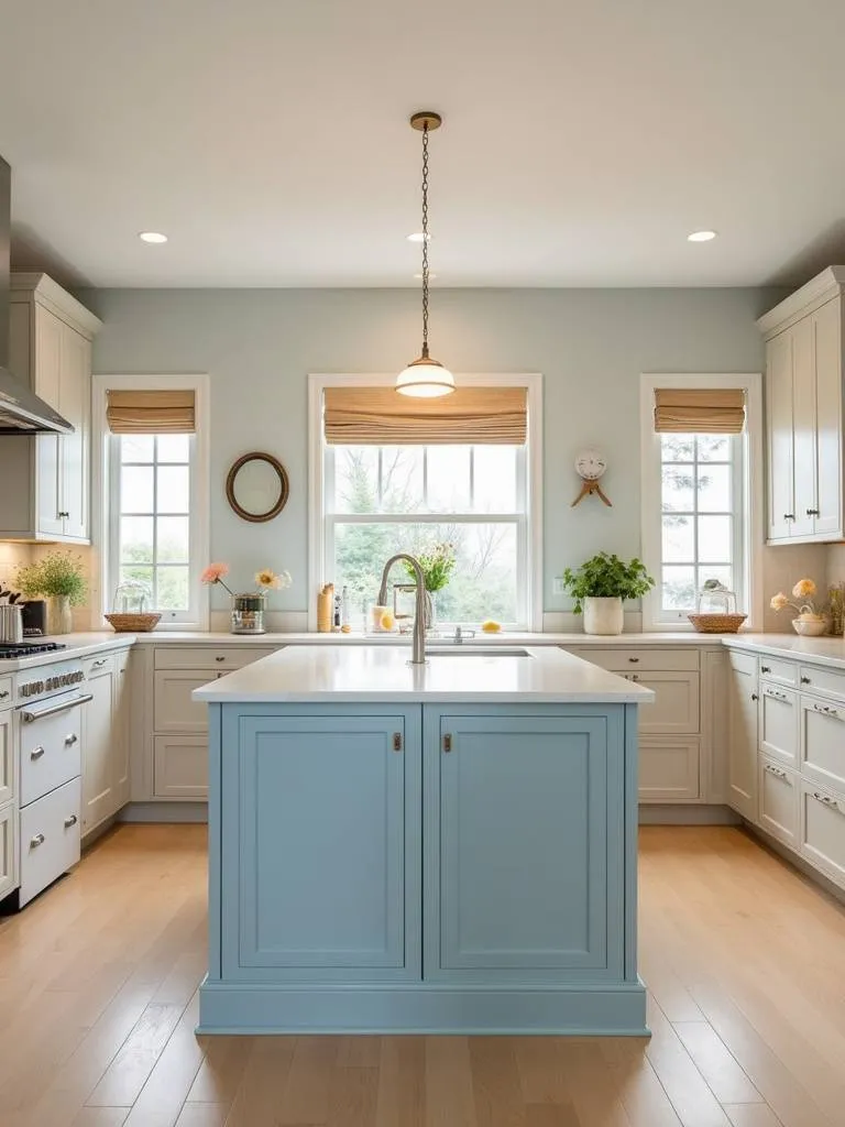A bright kitchen with a central powder blue island.