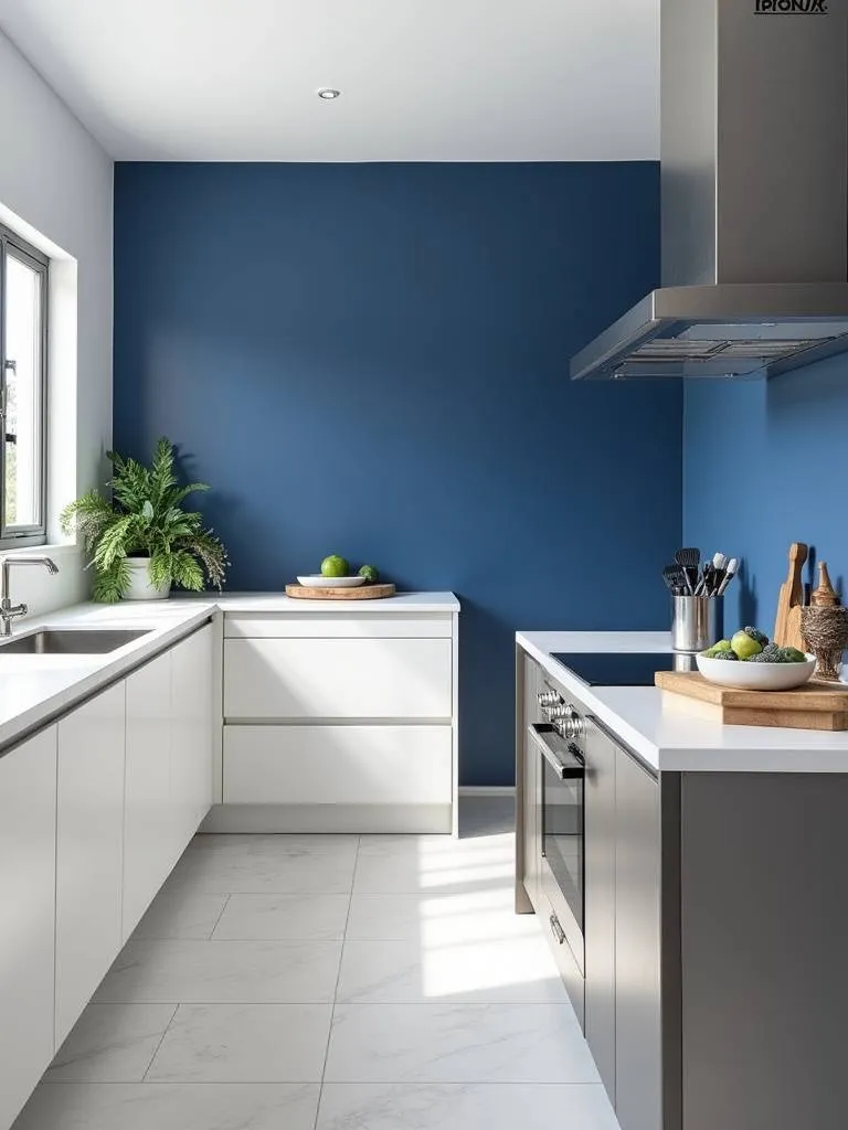 A kitchen with a bold prussian blue feature wall.