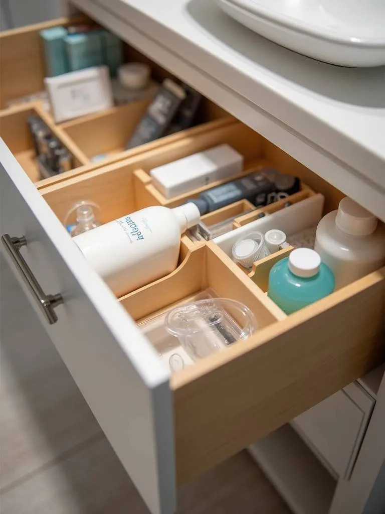 “Close-up view inside a bathroom vanity cabinet showing pull-out drawers with neatly organized toiletries.”