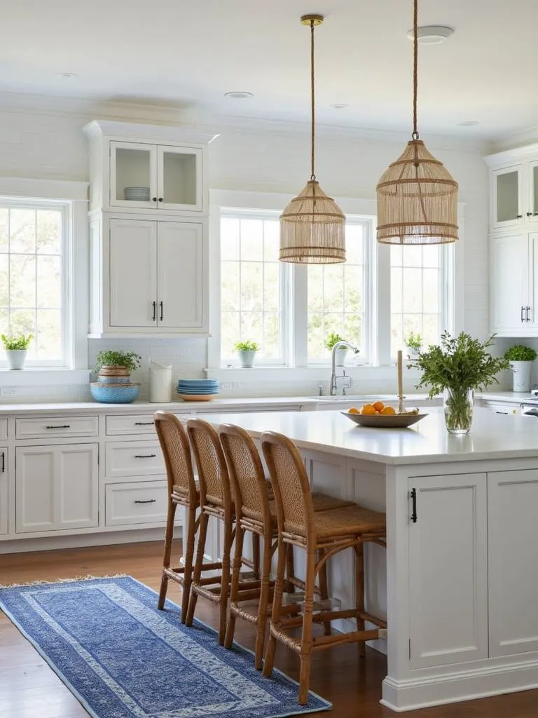 Coastal kitchen island with rattan bar stools, white cabinets, and a blue patterned runner rug.