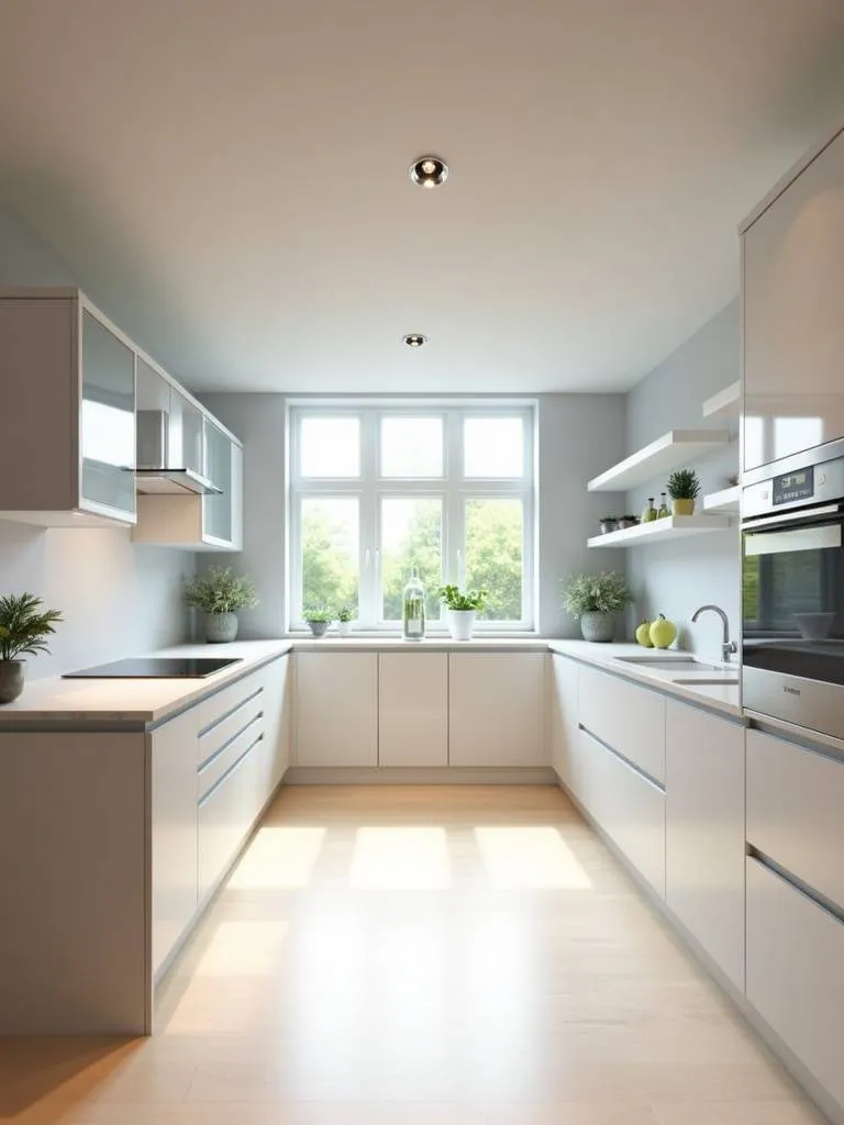 Contemporary kitchen illuminated with recessed ceiling lights.