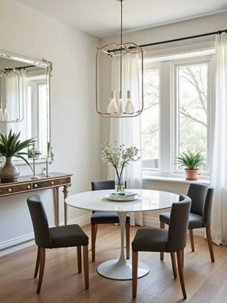 A mirrored console table enhances a dining area by reflecting light.