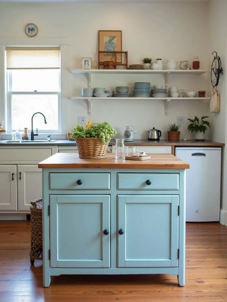 Apartment kitchen with a repurposed vintage dresser used as a kitchen island for unique storage.