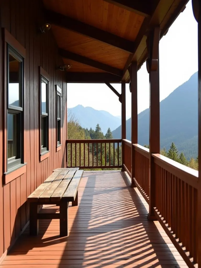 Rustic elegant rich brown porch with a wooden bench