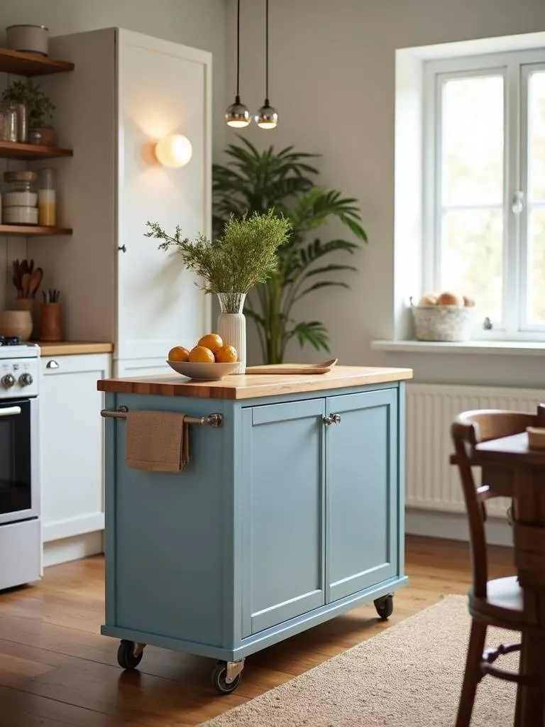 Apartment kitchen with a mobile island providing extra counter space in the center of the room.