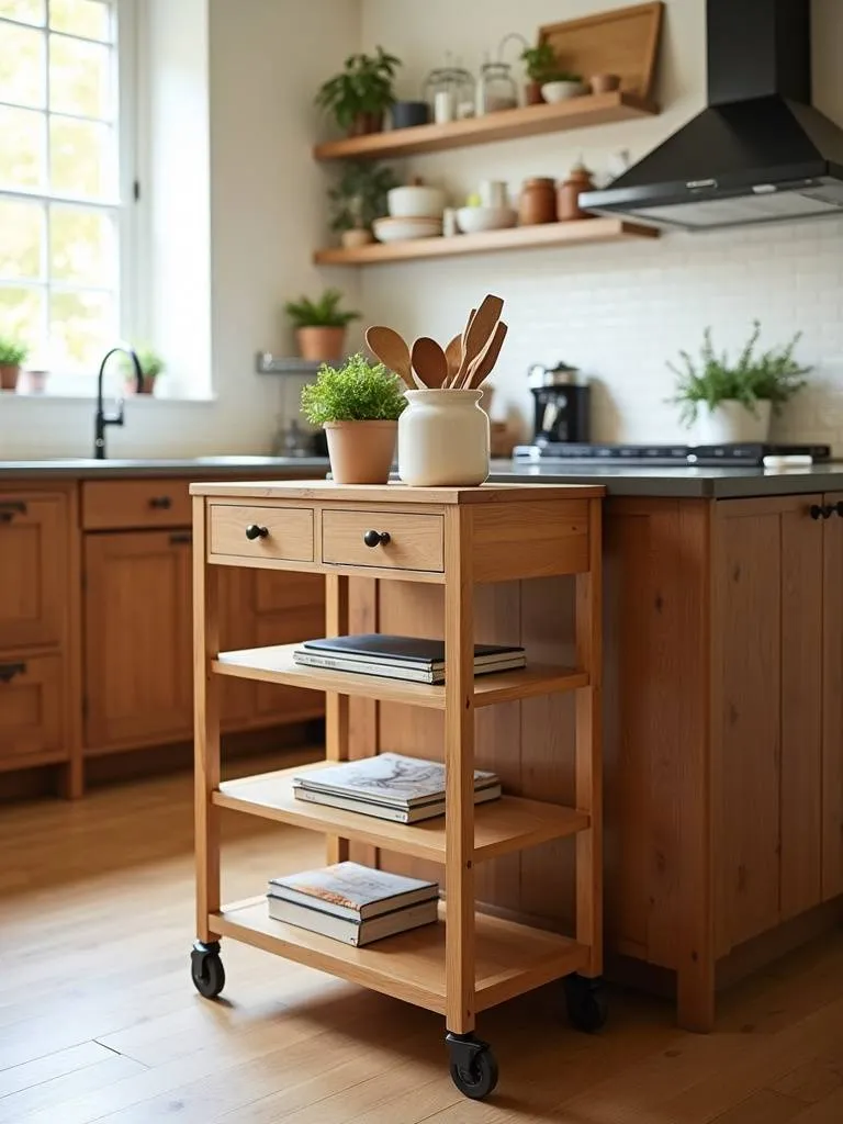 Rolling kitchen cart in a kitchen, providing extra prep space and mobile storage.