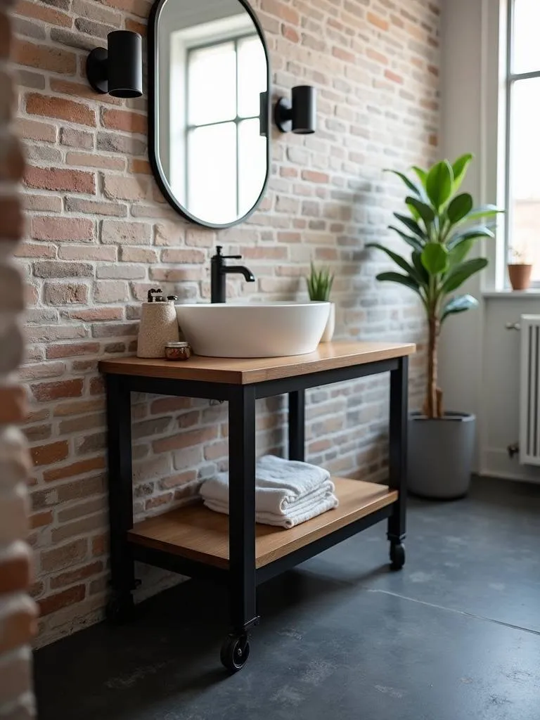 “A black metal rolling vanity cart provides flexible design in a small, industrial-style bathroom.”