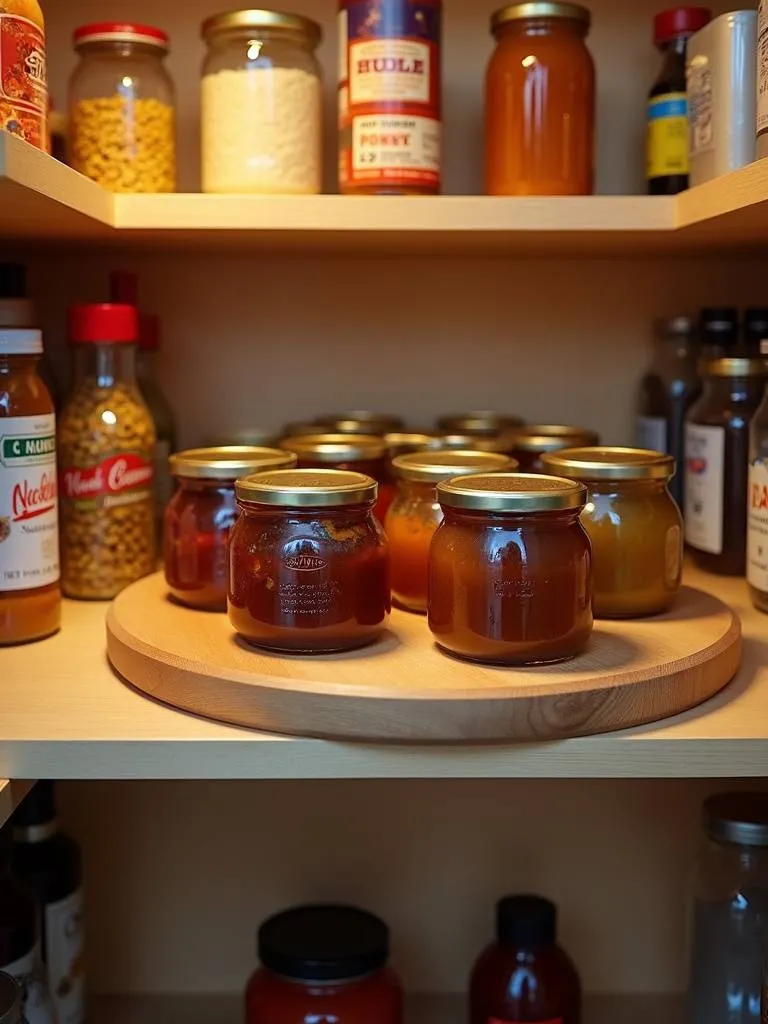 Rotating pantry lazy Susan on a shelf, making condiments and sauces easily accessible.