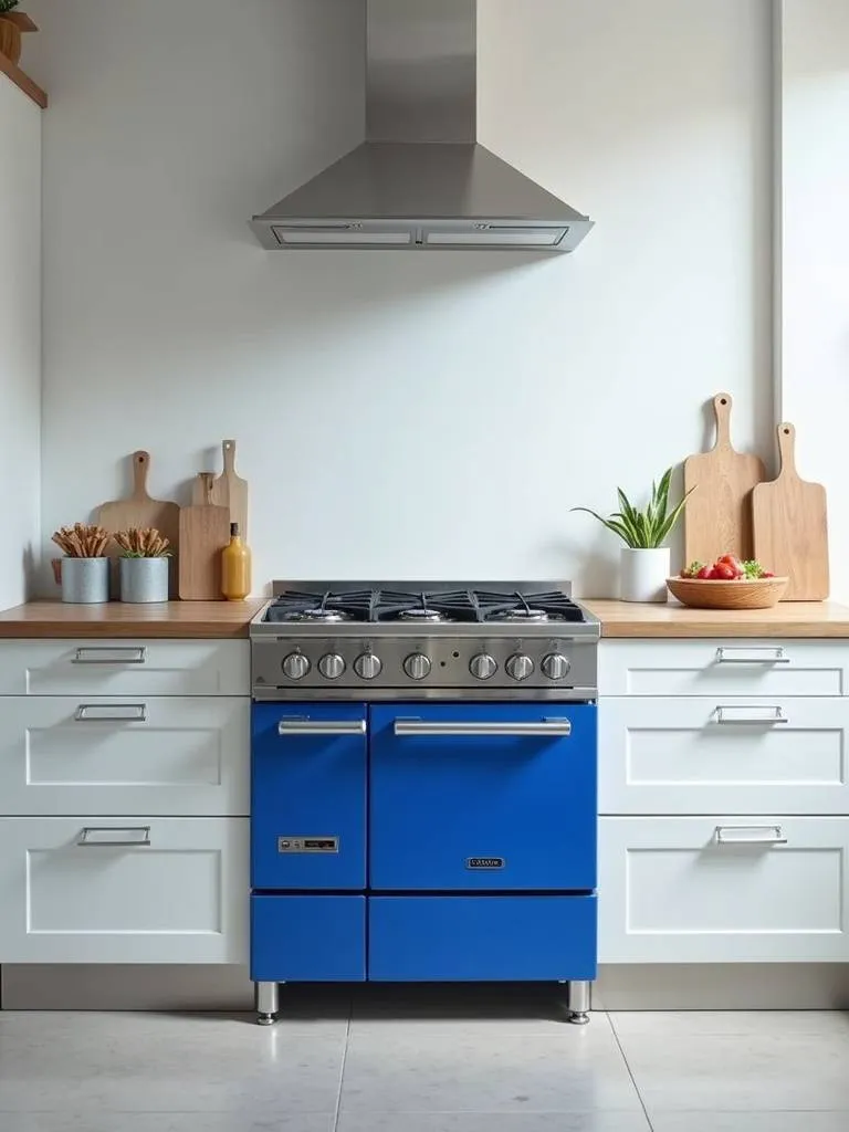 A modern kitchen with a royal blue stove.
