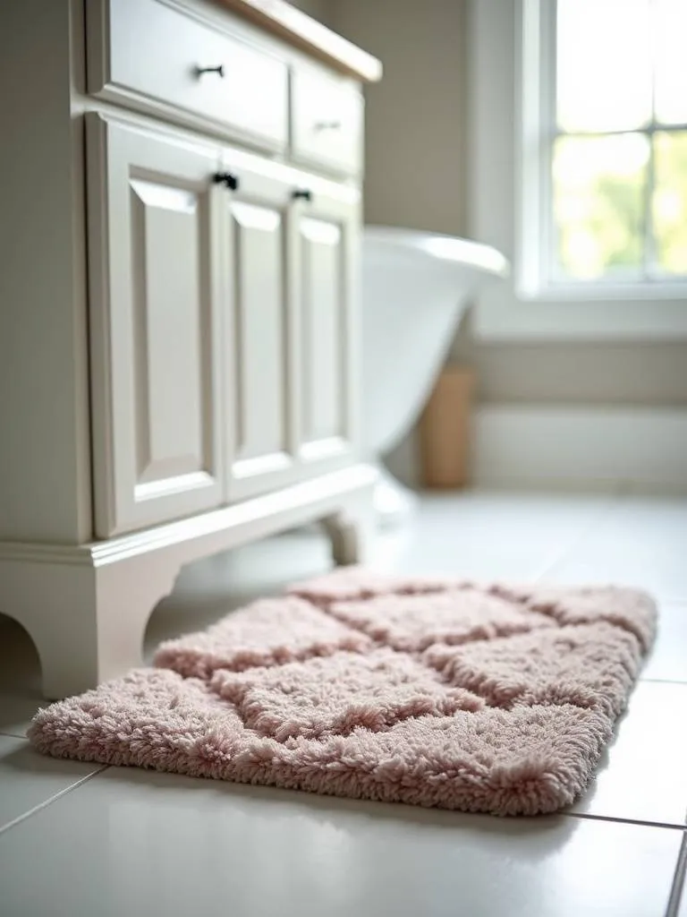 Bathroom floor with a plush, patterned bath rug in front of a white vanity