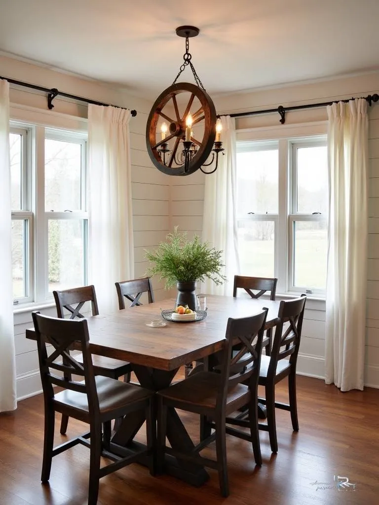 Farmhouse dining room featuring a rustic wagon wheel chandelier made of wood and iron