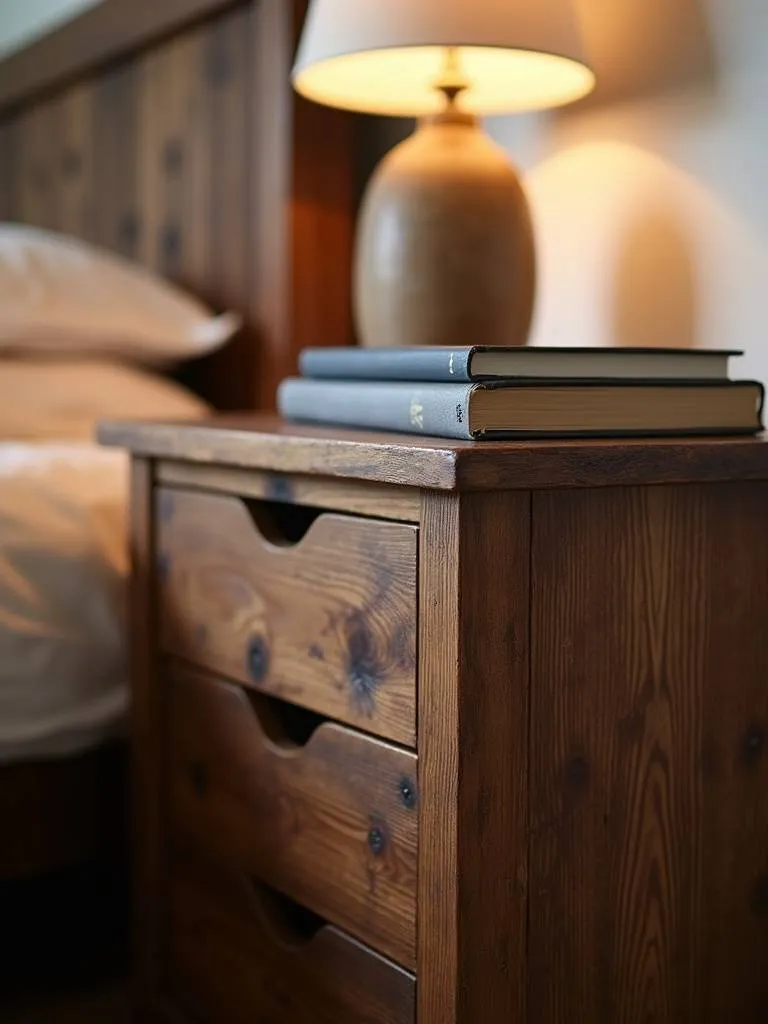 A close-up of a rustic wooden nightstand in a cozy bedroom, showcasing its textured wood grain, topped with a simple lamp and book, emphasizing its rustic charm