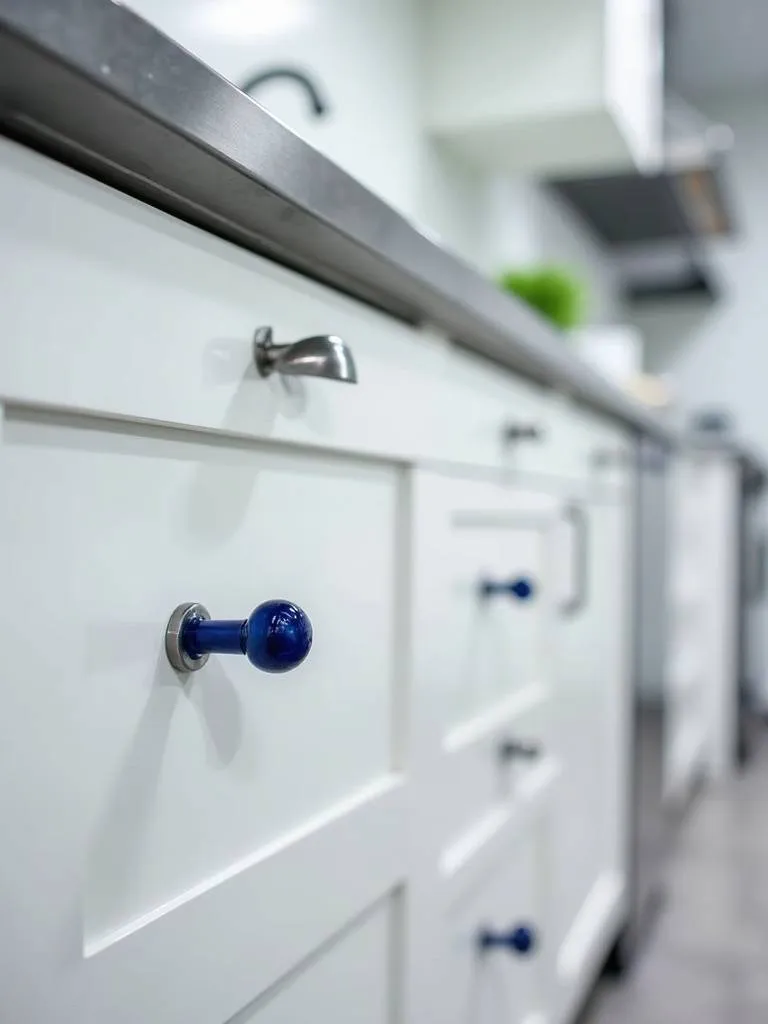 Close-up of a kitchen featuring sapphire blue hardware on the drawers.