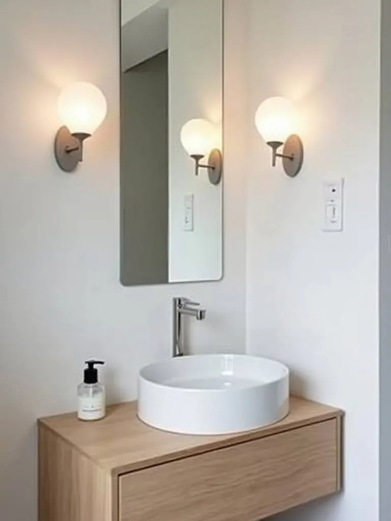 A Scandinavian style bathroom featuring simple white sconces with frosted glass shades flanking a light wood vanity and white ceramic sink. The lighting is clean and soft, embodying Scandinavian minimalism.