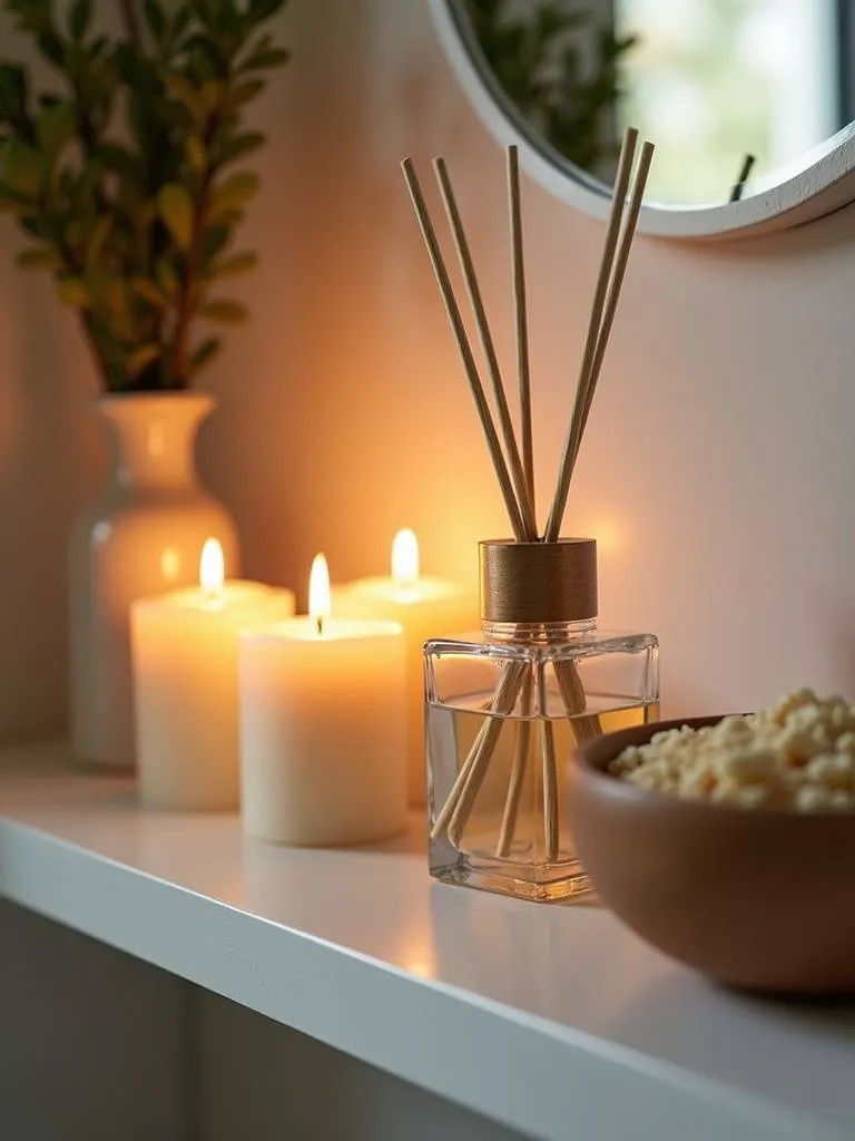 Bathroom shelf with scented candles, a reed diffuser, and potpourri for bathroom fragrance