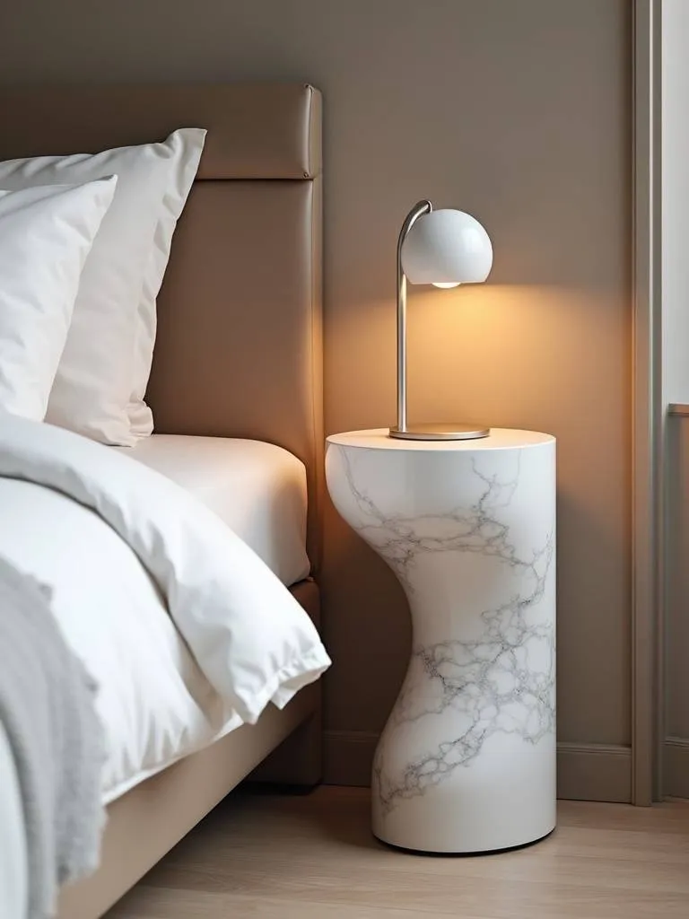 Modern bedroom bedside featuring a sculptural white marble side table as an artful accent.