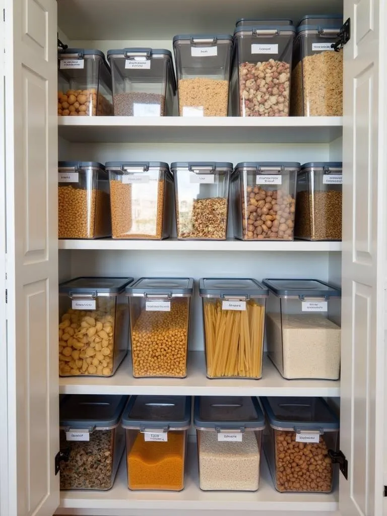 Apartment kitchen pantry organized with clear plastic bins for a tidy and efficient look.