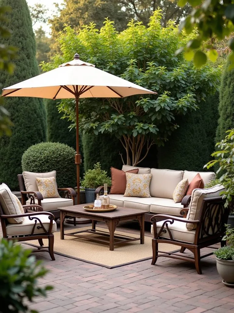 A comfortably furnished outdoor living room with chairs, couch and area rug.
